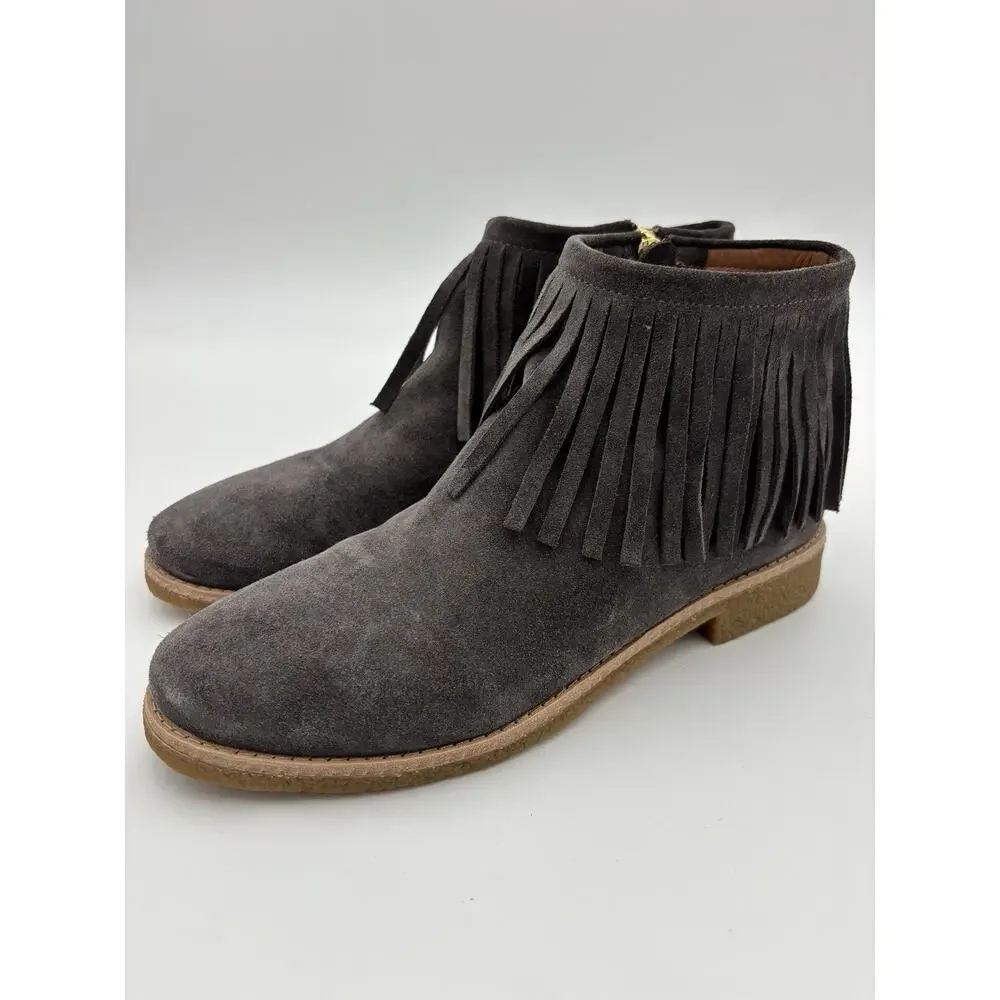 Kate Spade Betsie Saks Fringe Booties Grey Suede Size 7 M Flat Zip